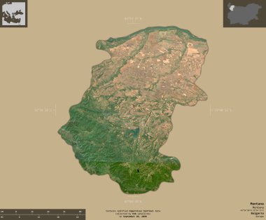 Montana, Bulgaristan vilayeti. Sentinel-2 uydu görüntüleri. Bilgilendirici örtülerle sağlam arkaplanda izole edilmiş şekil. Değiştirilmiş Kopernik Sentinel verileri içerir