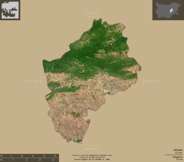 Sliven, Bulgaristan vilayeti. Sentinel-2 uydu görüntüleri. Bilgilendirici örtülerle sağlam arkaplanda izole edilmiş şekil. Değiştirilmiş Kopernik Sentinel verileri içerir
