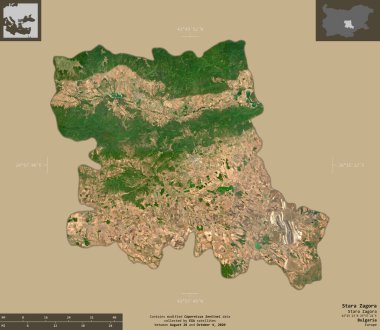 Stara Zagora, Bulgaristan ili. Sentinel-2 uydu görüntüleri. Bilgilendirici örtülerle sağlam arkaplanda izole edilmiş şekil. Değiştirilmiş Kopernik Sentinel verileri içerir