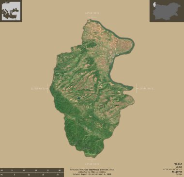 Vidin, Bulgaristan vilayeti. Sentinel-2 uydu görüntüleri. Bilgilendirici örtülerle sağlam arkaplanda izole edilmiş şekil. Değiştirilmiş Kopernik Sentinel verileri içerir