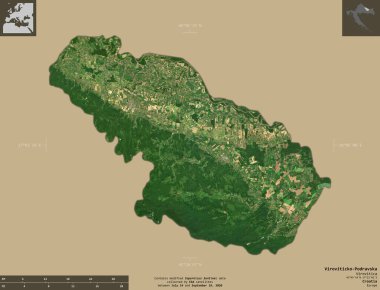 Viroviticko-Podravska, Hırvatistan ilçesi. Sentinel-2 uydu görüntüleri. Bilgilendirici örtülerle sağlam arkaplanda izole edilmiş şekil. Değiştirilmiş Kopernik Sentinel verileri içerir