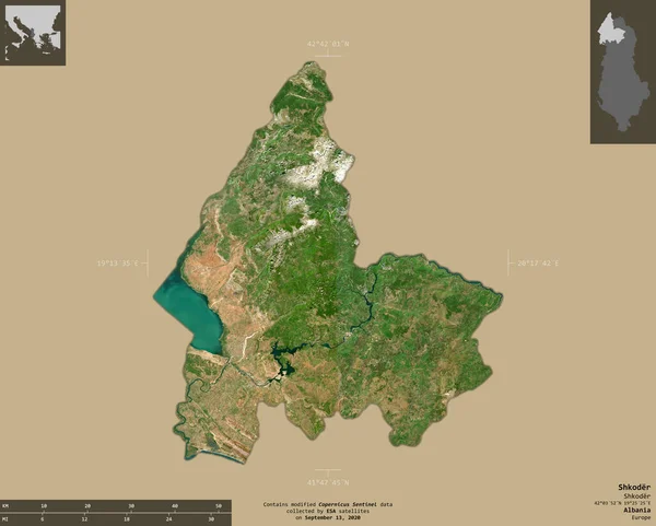 Shkoder County Albania Sentinel Satellite Imagery Shape Isolated Solid Background — Stock Photo, Image