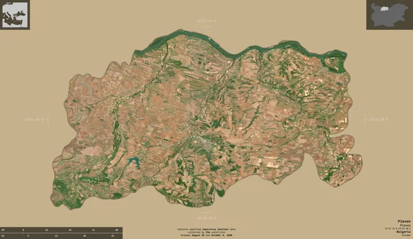 Pleven, province of Bulgaria. Sentinel-2 satellite imagery. Shape isolated on solid background with informative overlays. Contains modified Copernicus Sentinel data