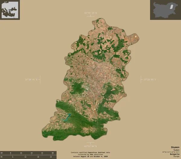 Shumen Provincia Bulgaria Immagini Satellitari Sentinel Forma Isolata Fondo Solido — Foto Stock