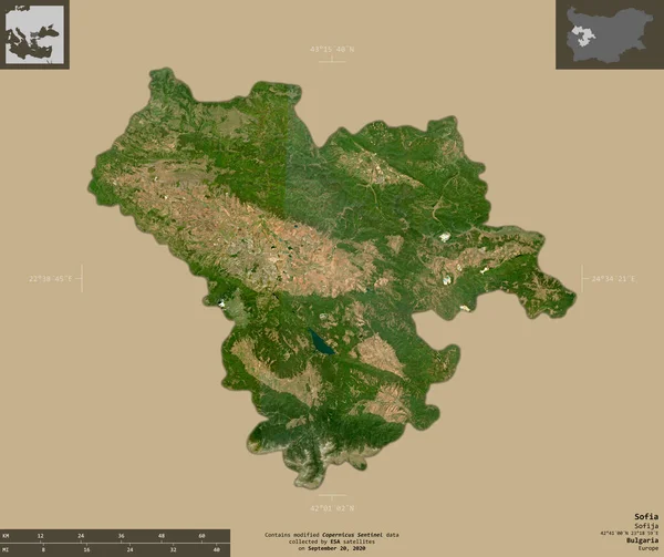索菲亚 保加利亚省 2号卫星图像 在坚实的背景上与信息覆盖隔离的形状 包含修改后的哥白尼哨兵数据 — 图库照片