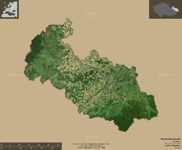 Moravskoslezsky Region Tschechische Republik Satellitenbilder Von Sentinel Form Isoliert Auf — Stockfoto