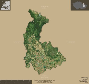 Olomoucky, Çek Cumhuriyeti bölgesi. Sentinel-2 uydu görüntüleri. Bilgilendirici örtülerle sağlam arkaplanda izole edilmiş şekil. Değiştirilmiş Kopernik Sentinel verileri içerir