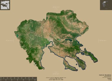 Orta Makedonya, Yunanistan 'ın ademi merkeziyeti. Sentinel-2 uydu görüntüleri. Bilgilendirici örtülerle sağlam arkaplanda izole edilmiş şekil. Değiştirilmiş Kopernik Sentinel verileri içerir