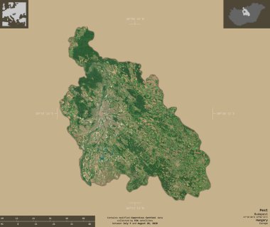 Macaristan 'ın baş belası. Sentinel-2 uydu görüntüleri. Bilgilendirici örtülerle sağlam arkaplanda izole edilmiş şekil. Değiştirilmiş Kopernik Sentinel verileri içerir