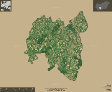 Tolna, Macaristan Bölgesi. Sentinel-2 uydu görüntüleri. Bilgilendirici örtülerle sağlam arkaplanda izole edilmiş şekil. Değiştirilmiş Kopernik Sentinel verileri içerir