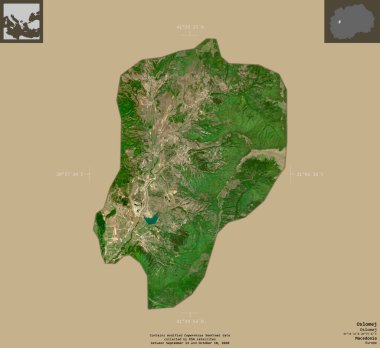 Oslomej, Makedonya belediyesi. Sentinel-2 uydu görüntüleri. Bilgilendirici örtülerle sağlam arkaplanda izole edilmiş şekil. Değiştirilmiş Kopernik Sentinel verileri içerir