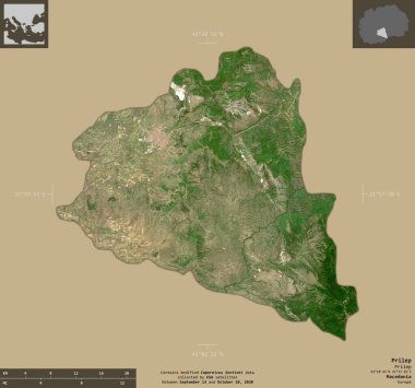 Prilep, Makedonya belediyesi. Sentinel-2 uydu görüntüleri. Bilgilendirici örtülerle sağlam arkaplanda izole edilmiş şekil. Değiştirilmiş Kopernik Sentinel verileri içerir