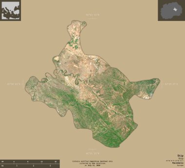 Stip, Makedonya Belediyesi. Sentinel-2 uydu görüntüleri. Bilgilendirici örtülerle sağlam arkaplanda izole edilmiş şekil. Değiştirilmiş Kopernik Sentinel verileri içerir