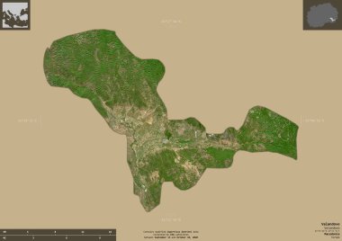 Valandovo, Makedonya belediyesi. Sentinel-2 uydu görüntüleri. Bilgilendirici örtülerle sağlam arkaplanda izole edilmiş şekil. Değiştirilmiş Kopernik Sentinel verileri içerir