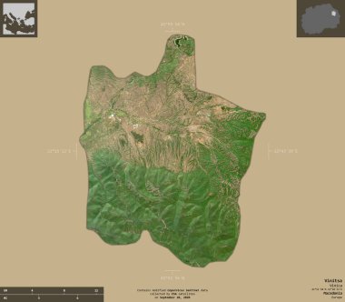 Vinitsa, Makedonya belediyesi. Sentinel-2 uydu görüntüleri. Bilgilendirici örtülerle sağlam arkaplanda izole edilmiş şekil. Değiştirilmiş Kopernik Sentinel verileri içerir