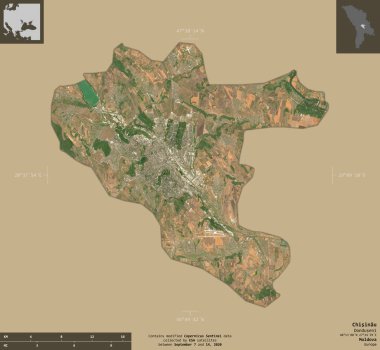 Chisinau, Moldova şehri. Sentinel-2 uydu görüntüleri. Bilgilendirici örtülerle sağlam arkaplanda izole edilmiş şekil. Değiştirilmiş Kopernik Sentinel verileri içerir