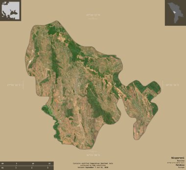 Nisporeni, Moldova bölgesi. Sentinel-2 uydu görüntüleri. Bilgilendirici örtülerle sağlam arkaplanda izole edilmiş şekil. Değiştirilmiş Kopernik Sentinel verileri içerir