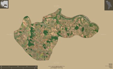 Ocnita, Moldova bölgesi. Sentinel-2 uydu görüntüleri. Bilgilendirici örtülerle sağlam arkaplanda izole edilmiş şekil. Değiştirilmiş Kopernik Sentinel verileri içerir