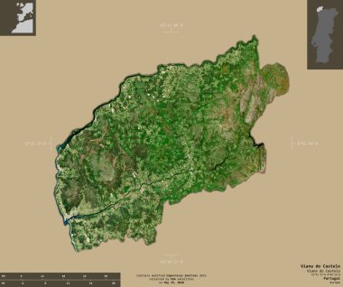 Viana do Castelo, Portekiz bölgesi. Sentinel-2 uydu görüntüleri. Bilgilendirici örtülerle sağlam arkaplanda izole edilmiş şekil. Değiştirilmiş Kopernik Sentinel verileri içerir