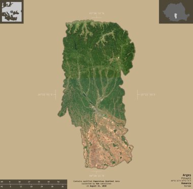 Arges, Romanya Bölgesi. Sentinel-2 uydu görüntüleri. Bilgilendirici örtülerle sağlam arkaplanda izole edilmiş şekil. Değiştirilmiş Kopernik Sentinel verileri içerir