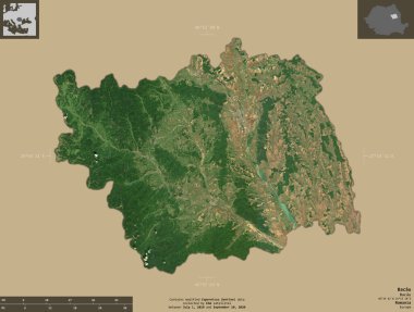 Bacau, Romanya Bölgesi. Sentinel-2 uydu görüntüleri. Bilgilendirici örtülerle sağlam arkaplanda izole edilmiş şekil. Değiştirilmiş Kopernik Sentinel verileri içerir