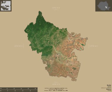 Buzau, Romanya Bölgesi. Sentinel-2 uydu görüntüleri. Bilgilendirici örtülerle sağlam arkaplanda izole edilmiş şekil. Değiştirilmiş Kopernik Sentinel verileri içerir