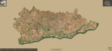 Calarasi, Romanya Bölgesi. Sentinel-2 uydu görüntüleri. Bilgilendirici örtülerle sağlam arkaplanda izole edilmiş şekil. Değiştirilmiş Kopernik Sentinel verileri içerir