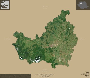 Cluj, Romanya Bölgesi. Sentinel-2 uydu görüntüleri. Bilgilendirici örtülerle sağlam arkaplanda izole edilmiş şekil. Değiştirilmiş Kopernik Sentinel verileri içerir
