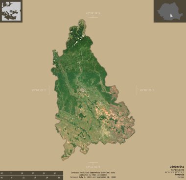 Dambovita, Romanya Bölgesi. Sentinel-2 uydu görüntüleri. Bilgilendirici örtülerle sağlam arkaplanda izole edilmiş şekil. Değiştirilmiş Kopernik Sentinel verileri içerir