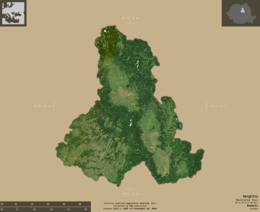 Harghita, Romanya Bölgesi. Sentinel-2 uydu görüntüleri. Bilgilendirici örtülerle sağlam arkaplanda izole edilmiş şekil. Değiştirilmiş Kopernik Sentinel verileri içerir