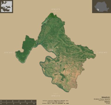 Mehedinti, Romanya Bölgesi. Sentinel-2 uydu görüntüleri. Bilgilendirici örtülerle sağlam arkaplanda izole edilmiş şekil. Değiştirilmiş Kopernik Sentinel verileri içerir