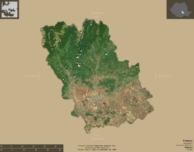 Prahova, Romanya Bölgesi. Sentinel-2 uydu görüntüleri. Bilgilendirici örtülerle sağlam arkaplanda izole edilmiş şekil. Değiştirilmiş Kopernik Sentinel verileri içerir