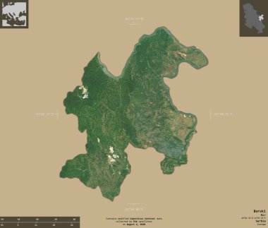 Borski, Sırbistan bölgesi. Sentinel-2 uydu görüntüleri. Bilgilendirici örtülerle sağlam arkaplanda izole edilmiş şekil. Değiştirilmiş Kopernik Sentinel verileri içerir