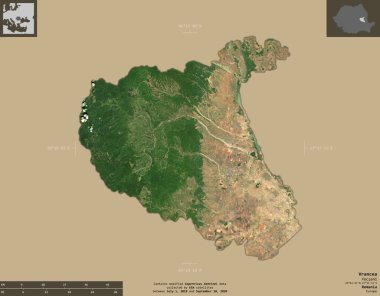 Vrancea, Romanya Bölgesi. Sentinel-2 uydu görüntüleri. Bilgilendirici örtülerle sağlam arkaplanda izole edilmiş şekil. Değiştirilmiş Kopernik Sentinel verileri içerir