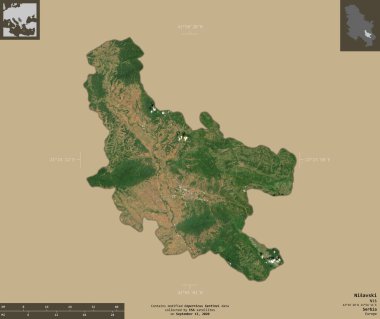Nisavski, Sırbistan bölgesi. Sentinel-2 uydu görüntüleri. Bilgilendirici örtülerle sağlam arkaplanda izole edilmiş şekil. Değiştirilmiş Kopernik Sentinel verileri içerir