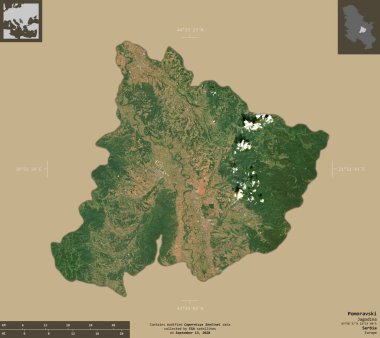 Pomoravski, Sırbistan bölgesi. Sentinel-2 uydu görüntüleri. Bilgilendirici örtülerle sağlam arkaplanda izole edilmiş şekil. Değiştirilmiş Kopernik Sentinel verileri içerir