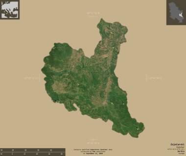 Zajecarski, Sırbistan bölgesi. Sentinel-2 uydu görüntüleri. Bilgilendirici örtülerle sağlam arkaplanda izole edilmiş şekil. Değiştirilmiş Kopernik Sentinel verileri içerir