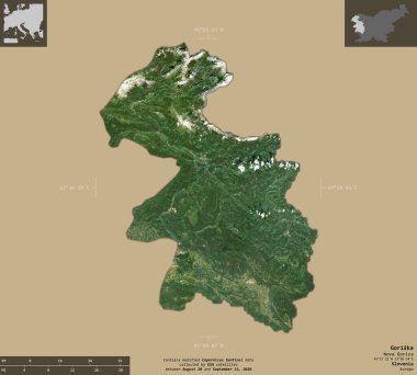 Goriska, Slovenya istatistiksel bölgesi. Sentinel-2 uydu görüntüleri. Bilgilendirici örtülerle sağlam arkaplanda izole edilmiş şekil. Değiştirilmiş Kopernik Sentinel verileri içerir