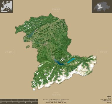 Bern, İsviçre kantonu. Sentinel-2 uydu görüntüleri. Bilgilendirici örtülerle sağlam arkaplanda izole edilmiş şekil. Değiştirilmiş Kopernik Sentinel verileri içerir