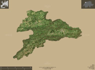 Jura, İsviçre kantonu. Sentinel-2 uydu görüntüleri. Bilgilendirici örtülerle sağlam arkaplanda izole edilmiş şekil. Değiştirilmiş Kopernik Sentinel verileri içerir