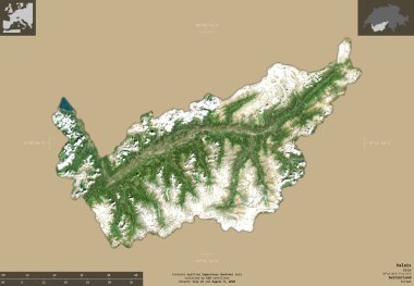 Valais, İsviçre kantonu. Sentinel-2 uydu görüntüleri. Bilgilendirici örtülerle sağlam arkaplanda izole edilmiş şekil. Değiştirilmiş Kopernik Sentinel verileri içerir