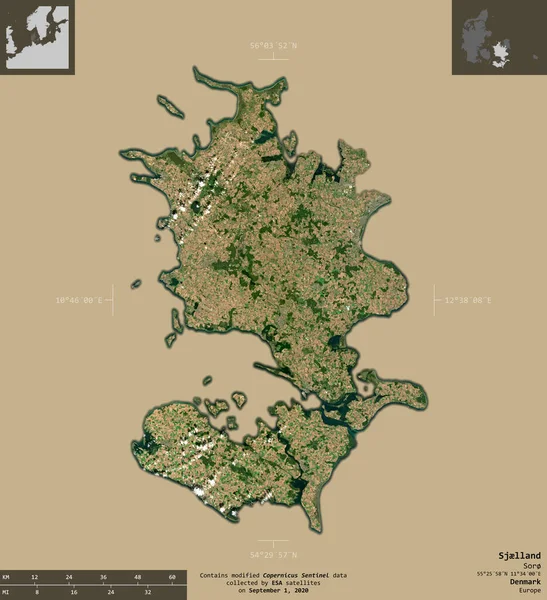 Sjlland Region Dänemark Satellitenbilder Von Sentinel Form Isoliert Auf Festem — Stockfoto