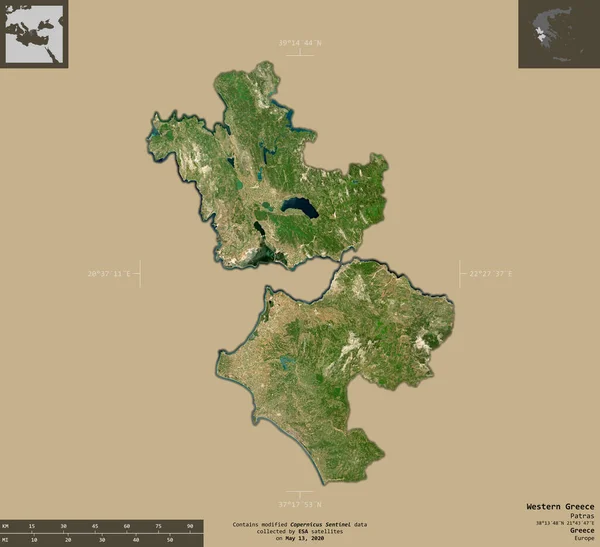 Western Greece, decentralized administration of Greece. Sentinel-2 satellite imagery. Shape isolated on solid background with informative overlays. Contains modified Copernicus Sentinel data