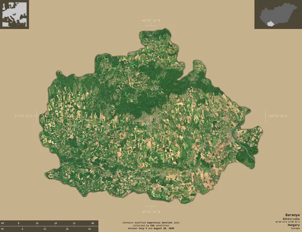 Baranya Comté Hongrie Imagerie Satellite Sentinel Forme Isolée Sur Fond — Photo