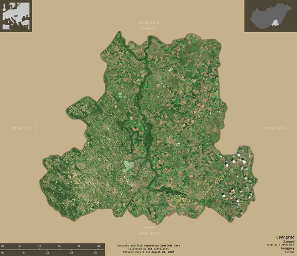 Csongrad 匈牙利县 2号卫星图像 在坚实的背景上与信息覆盖隔离的形状 包含修改后的哥白尼哨兵数据 — 图库照片