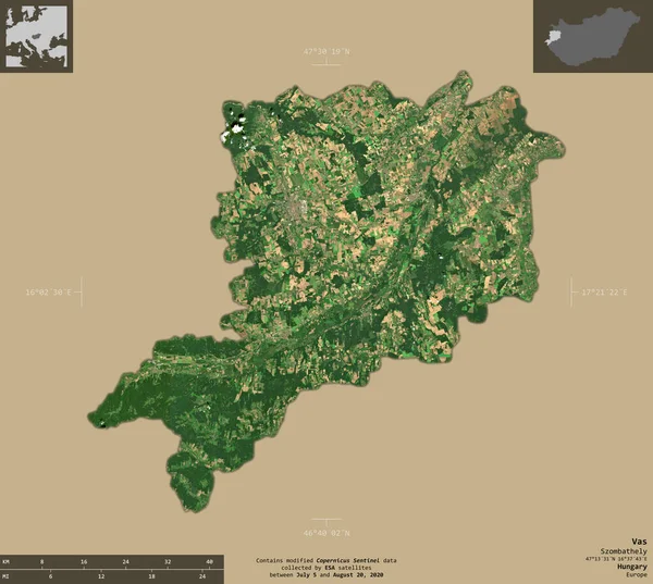 Vas Kreis Ungarn Satellitenbilder Von Sentinel Form Isoliert Auf Festem — Stockfoto