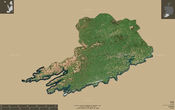 Cork, county of Ireland. Sentinel-2 satellite imagery. Shape isolated on solid background with informative overlays. Contains modified Copernicus Sentinel data