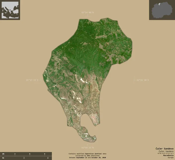 Cucer Sandevo 马其顿市 2号卫星图像 在坚实的背景上与信息覆盖隔离的形状 包含修改后的哥白尼哨兵数据 — 图库照片