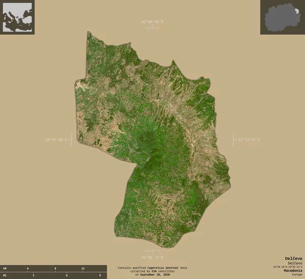 马其顿市Delcevo 2号卫星图像 在坚实的背景上与信息覆盖隔离的形状 包含修改后的哥白尼哨兵数据 — 图库照片
