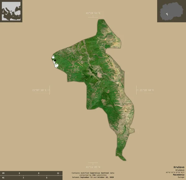 Krusevo Municipality Macedonia 2号卫星图像 在坚实的背景上与信息覆盖隔离的形状 包含修改后的哥白尼哨兵数据 — 图库照片